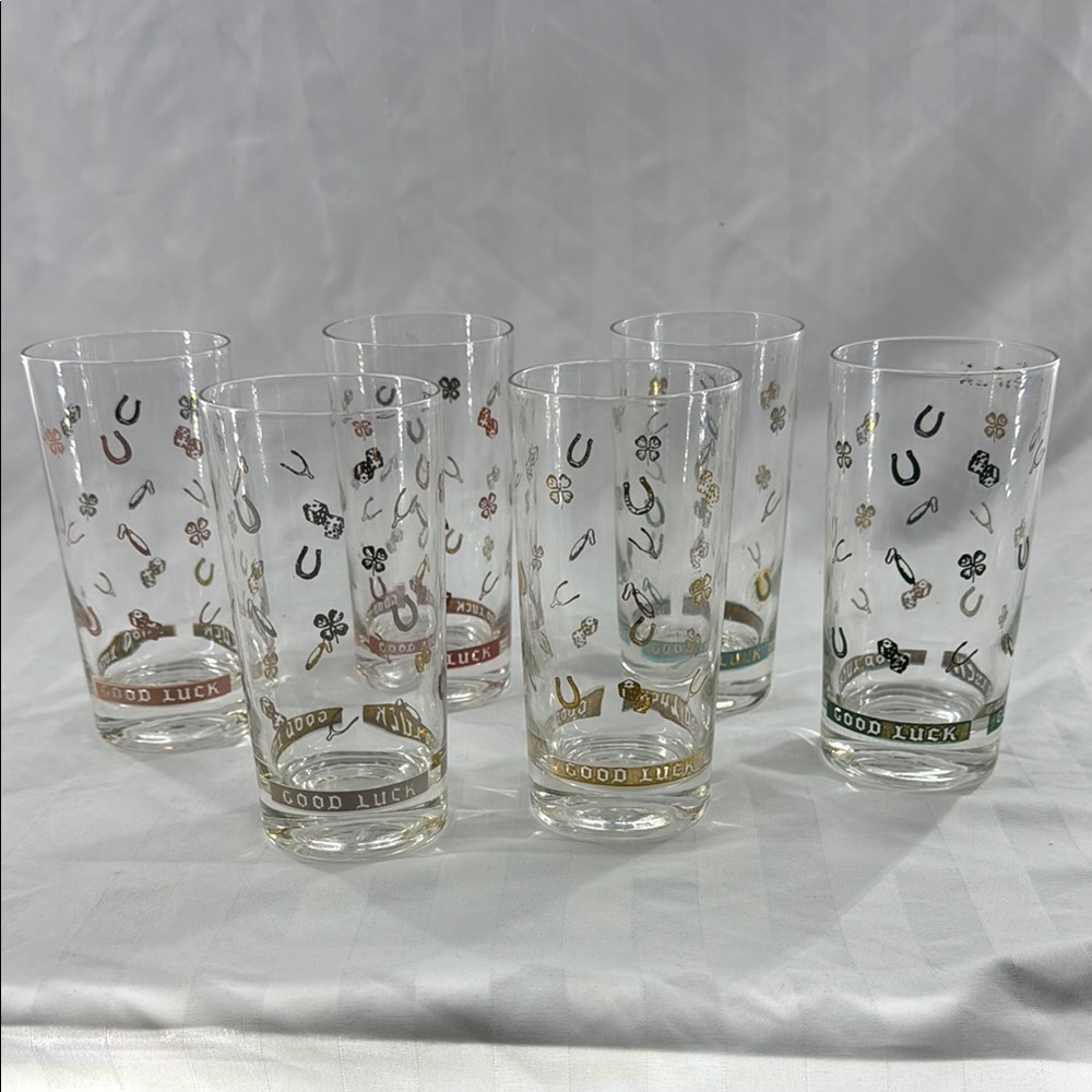 Good Luck Themed Glasses Set Vintage MCM